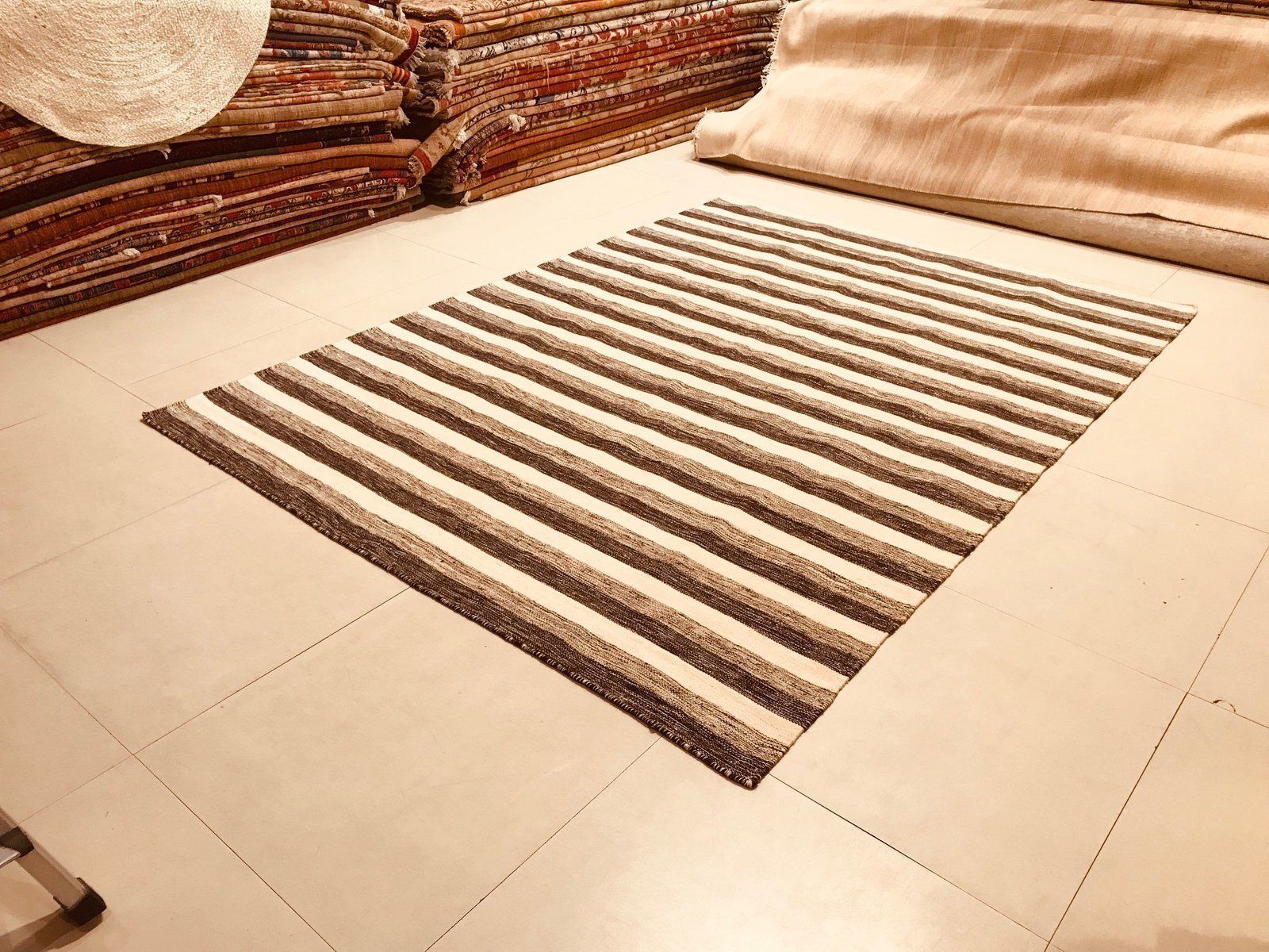 Handwoven Cotton And Wool Black And Beige Kilim Carpet, 1970s photo vinterior