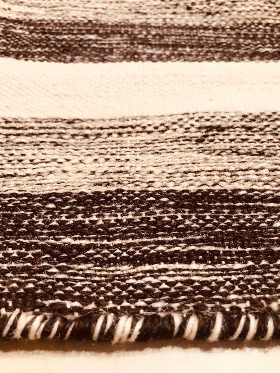 photo for sale Handwoven Cotton And Wool Black And Beige Kilim Carpet, 1970s