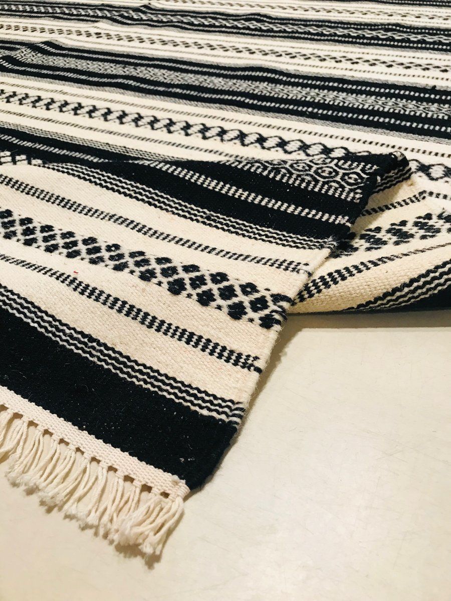 Handwoven Cotton And Wool Black And Beige Kilim Carpet, 1970s photo for sale