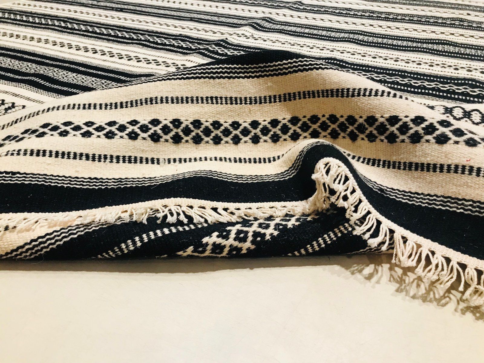 Handwoven Cotton And Wool Black And Beige Kilim Carpet, 1970s photo Textiles