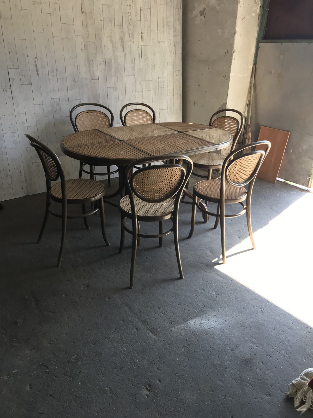 Oval Dining Table And 6 Chairs In Wood Cane, Germany, 1970s photo vinterior