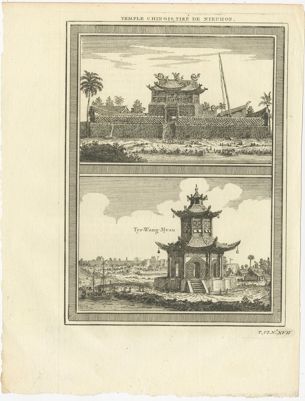 Antique Print Of Chinese Temples By Prévost (1748)