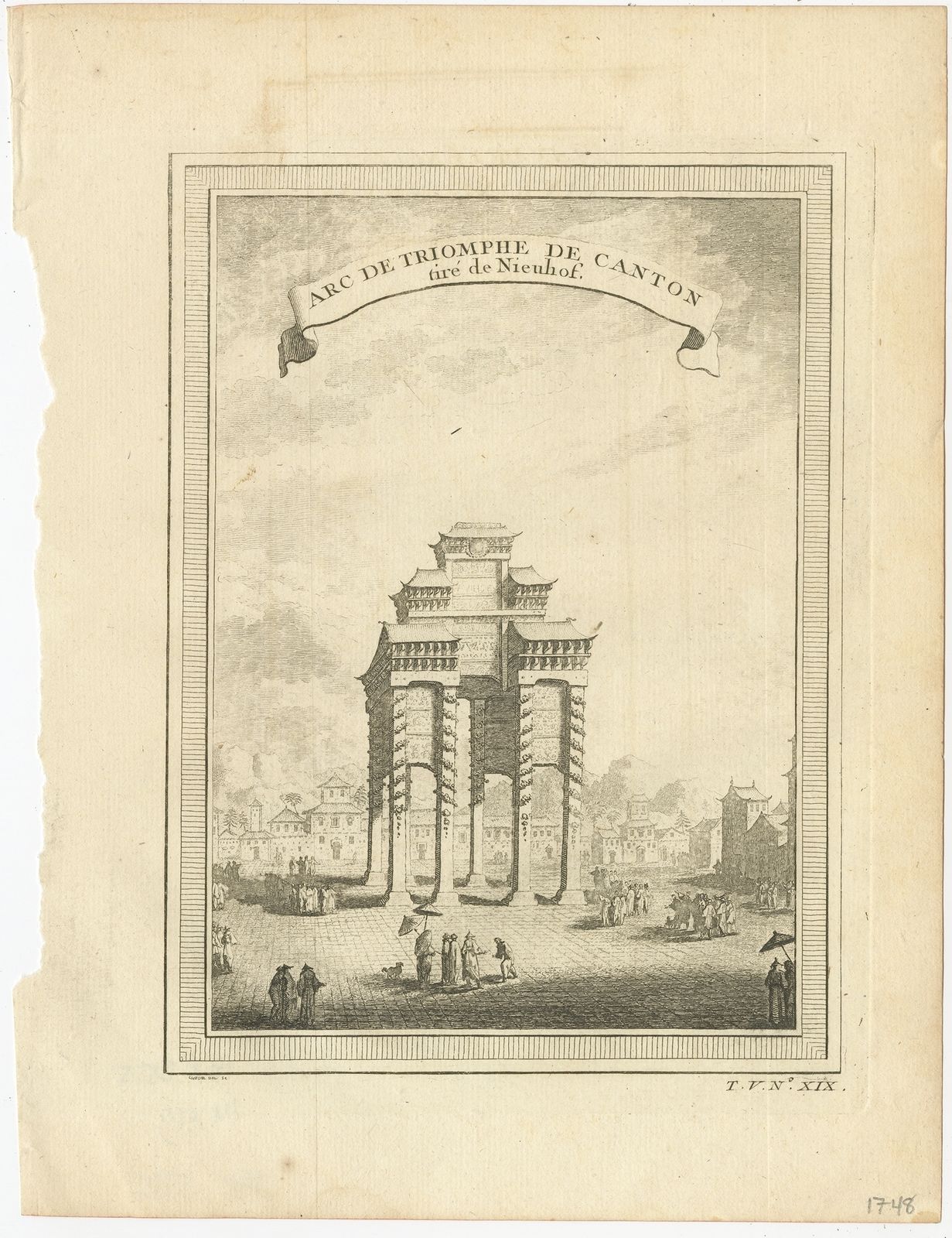 Antique Print Of The Triumphal Arch Of Guangzhou By Chedel (1746)