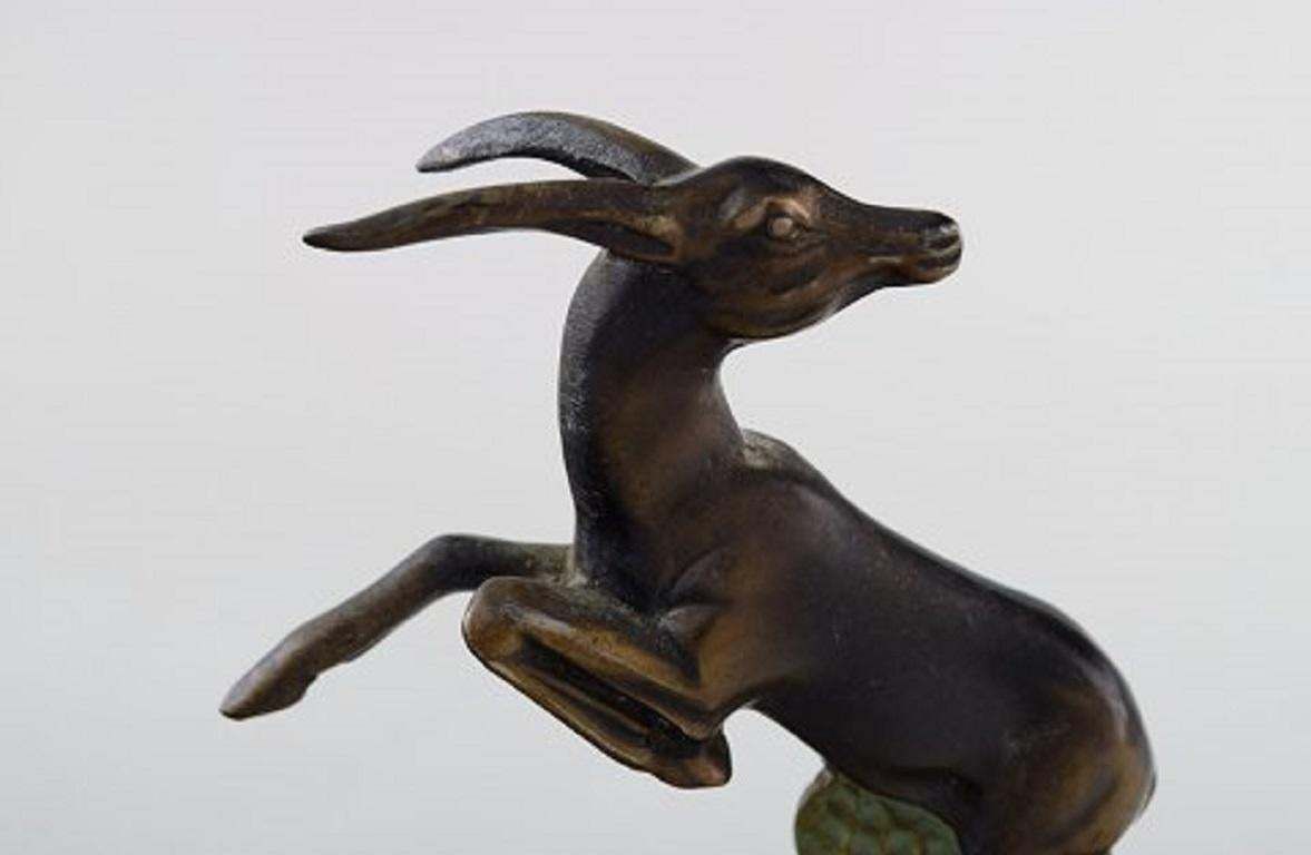 Art Deco Sculpture Of Jumping Bucks In Patinated Metal On Marble Base, 1930s photo Art