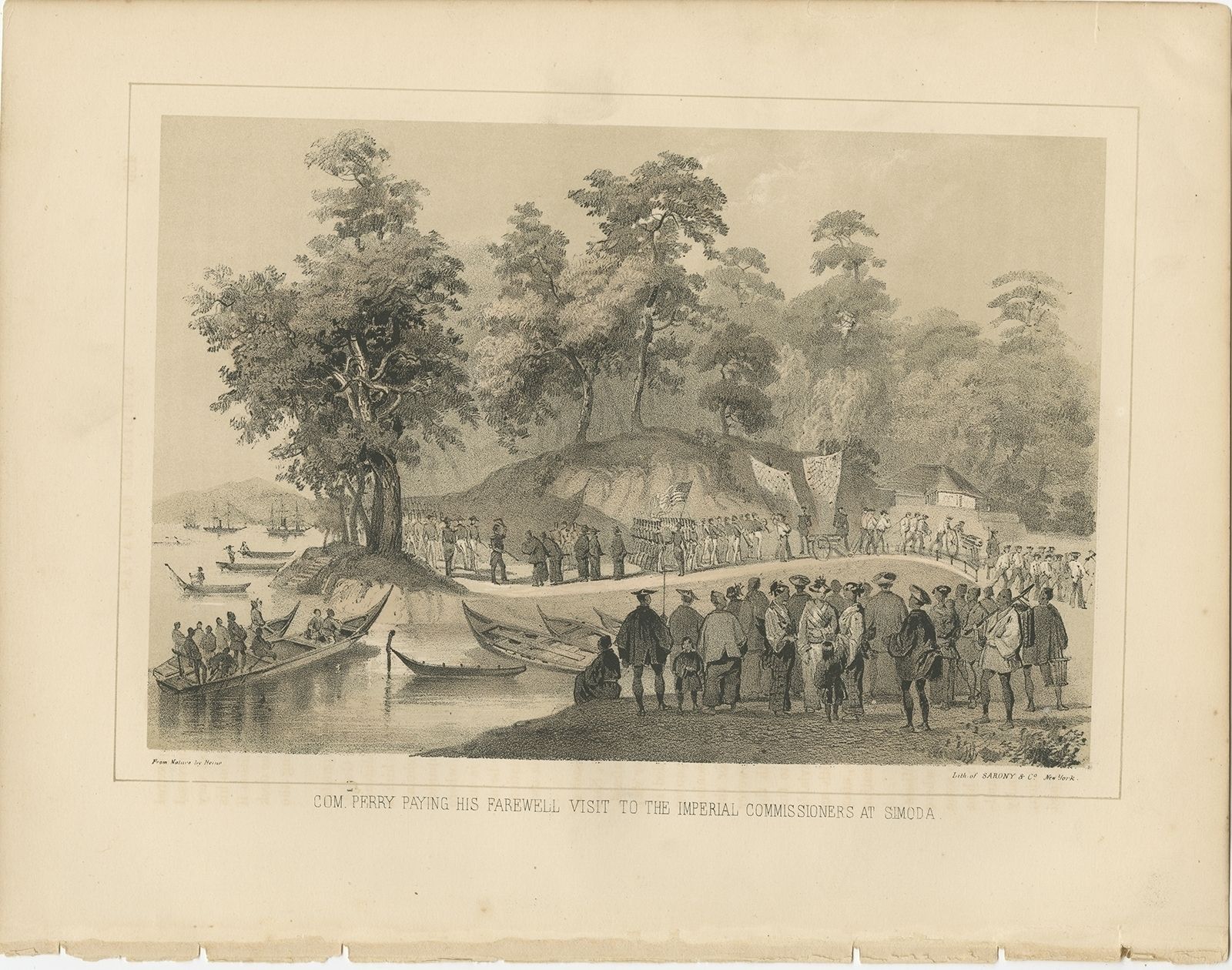 Antique Print Of Commodore Matthew Perry's Farewell Visit By Hawks (1856)