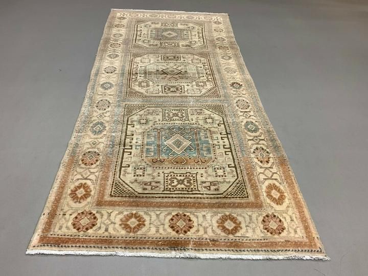 Distressed Turkish Rug 197x90 Cm Wool Vintage Shabby Chic Tribal Blue, Beige photo furniture