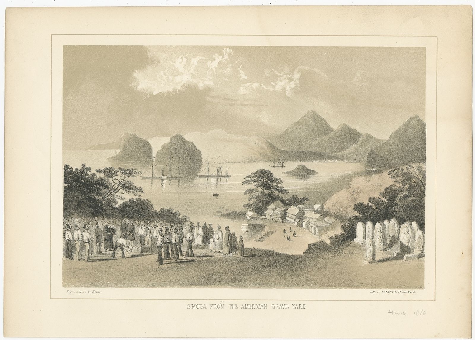 Antique Print Of The American Graveyard In Shimoda By Hawks (1856)
