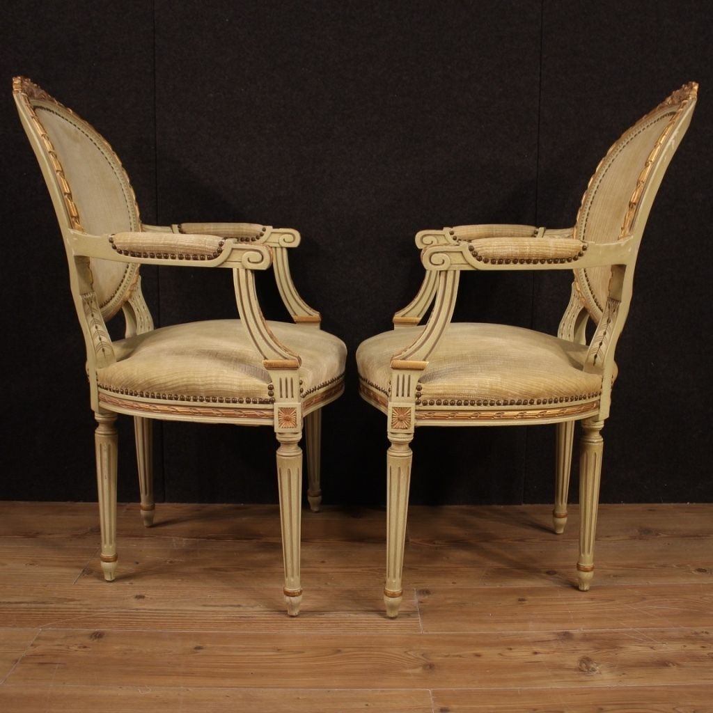 Pair Of Italian Lacquered And Gilded Armchairs In Louis XVI Style photo for sale