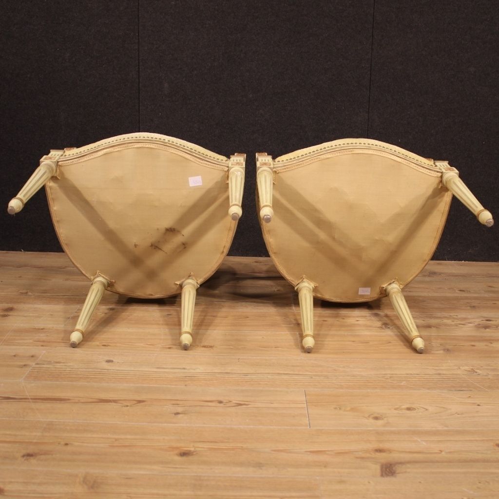 photo for sale Pair Of Italian Lacquered And Gilded Armchairs In Louis XVI Style