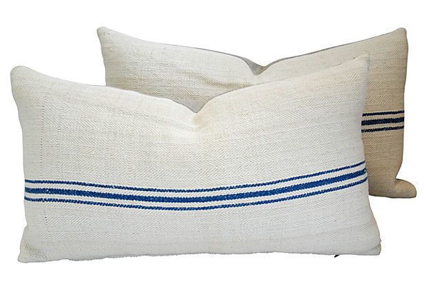 Hungarian Grain Sack & Linen Pillows With Navy Stripe, Pair