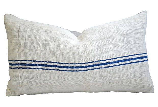 Hungarian Grain Sack & Linen Pillows With Navy Stripe, Pair photo furniture