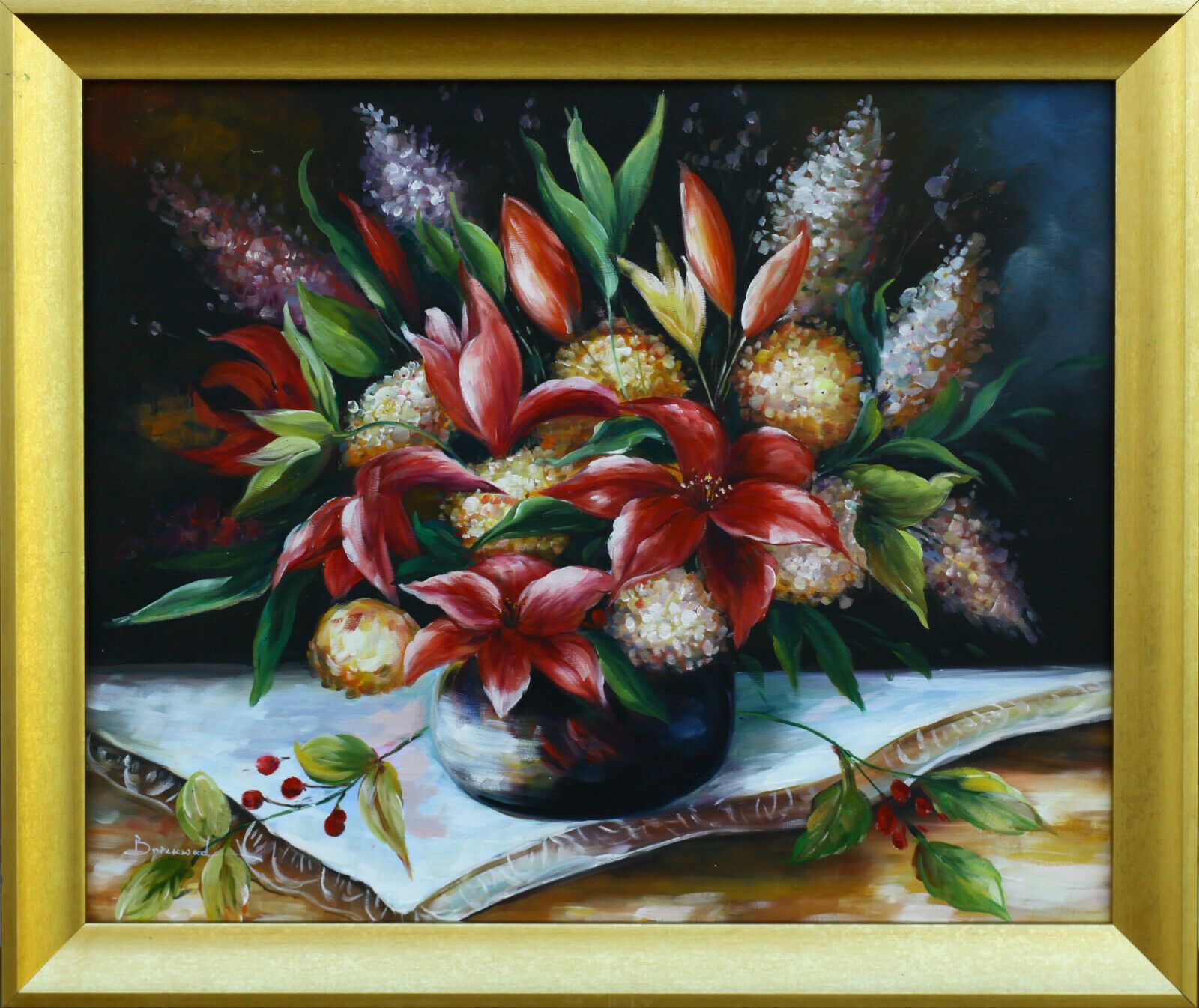 Oil On Board Signed Brickwood. Still Life, Lillies And Lilac In A Vase