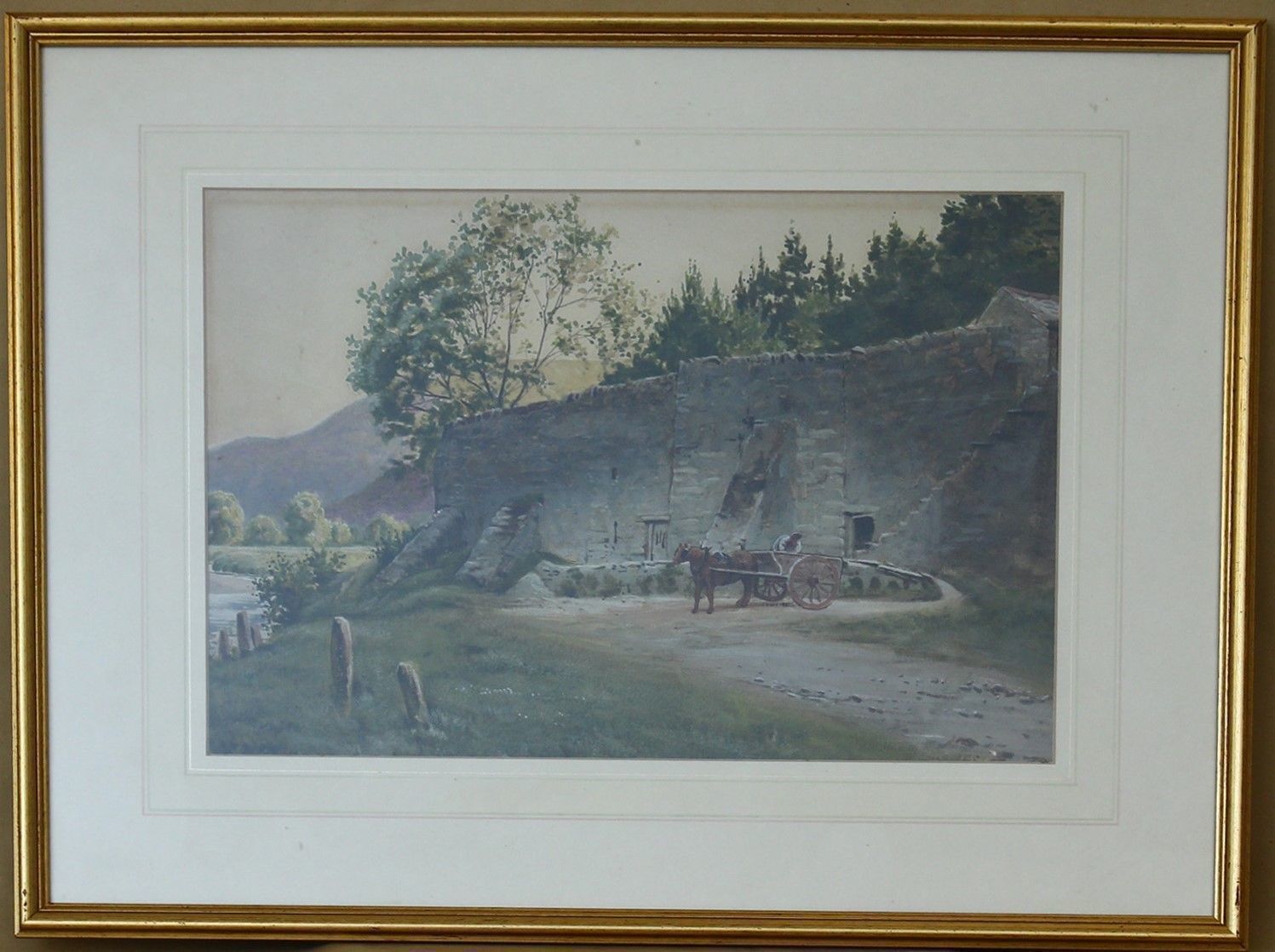 Watercolour By J M Southern. Horse And Cart Before Town Walls In A Landscape