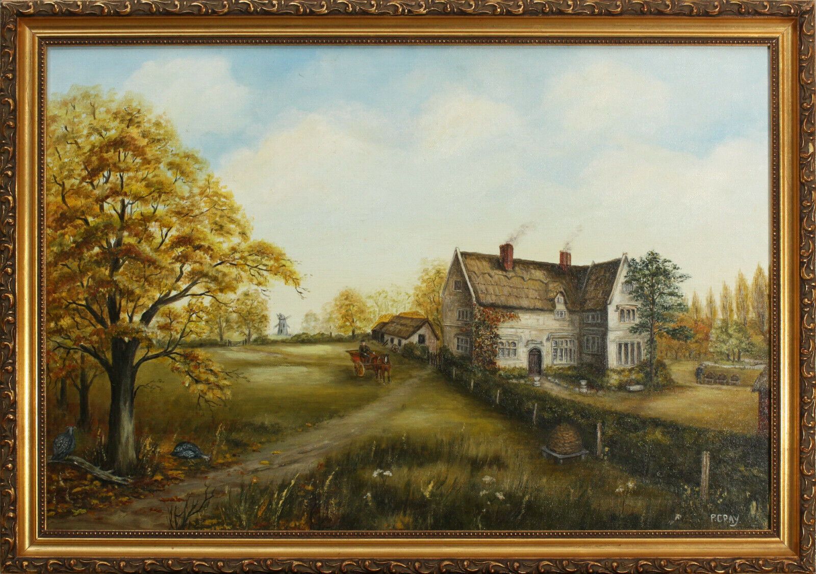 Oil On Board By Pat Cray. Detailed Landscape Of A Country House