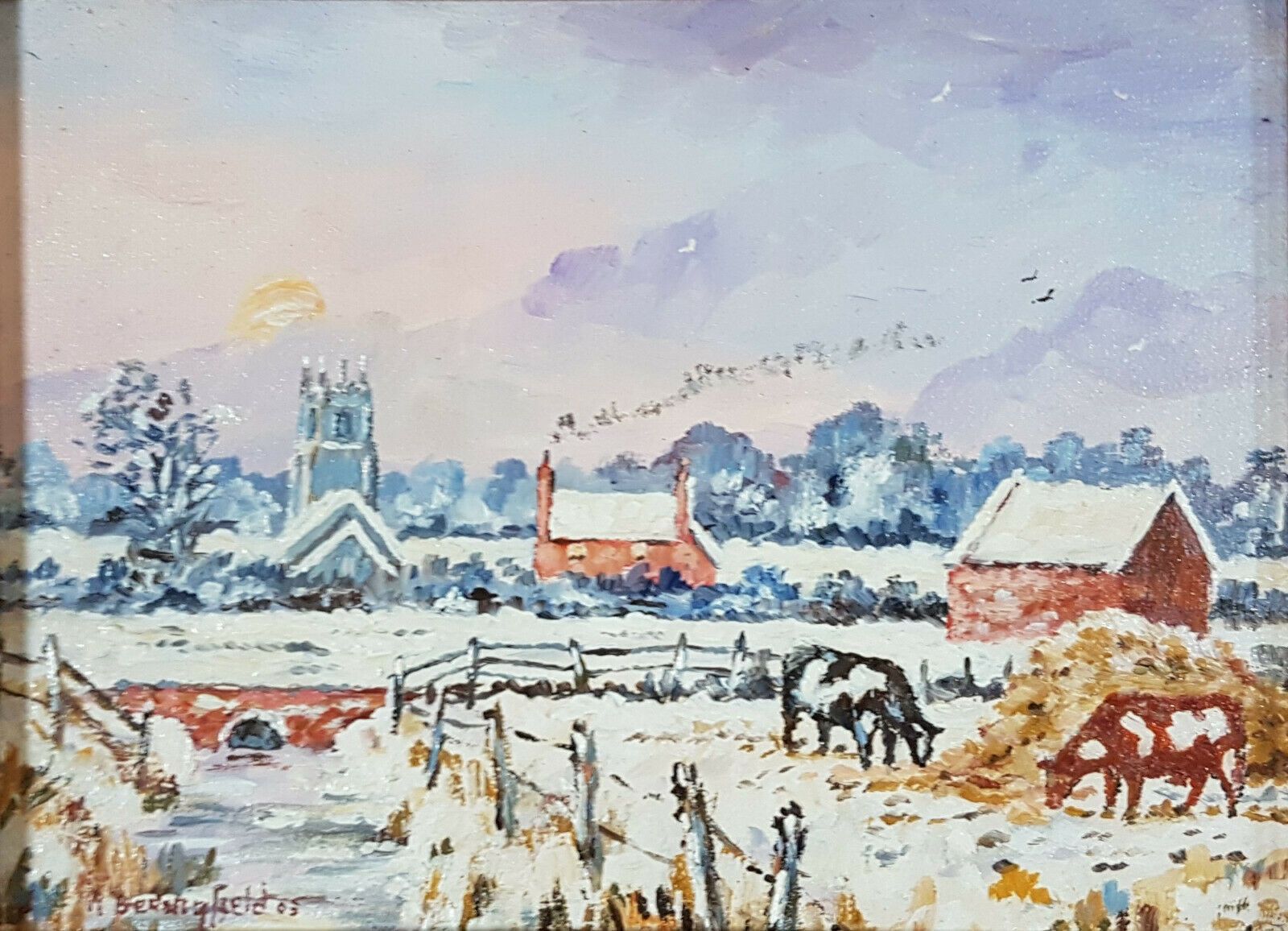 Oil Painting On Board By Roger Bedingfield. Titled, "Snow At Acle" Dated 2003. In Wooden Frame. photo furniture