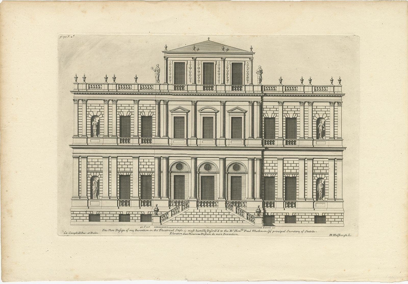 Antique Print Of A Building Design In Theatrical Style By Campbell (1714)