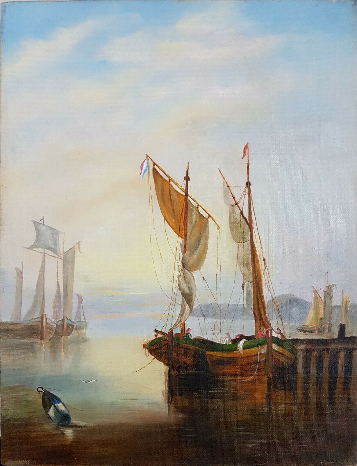 Oil On Canvas. Dutch Fishing Boats At A Quay. photo furniture