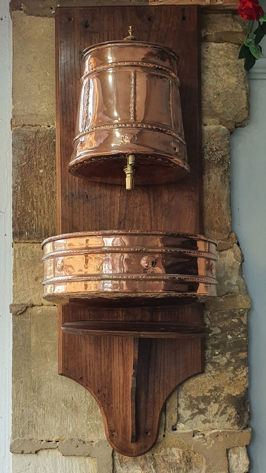 19th Century French Lavabo / Water Fountain Copper With Brass, Mounted On Wood photo furniture