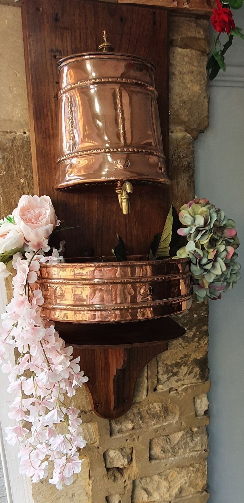 19th Century French Lavabo / Water Fountain Copper With Brass, Mounted On Wood photo for sale