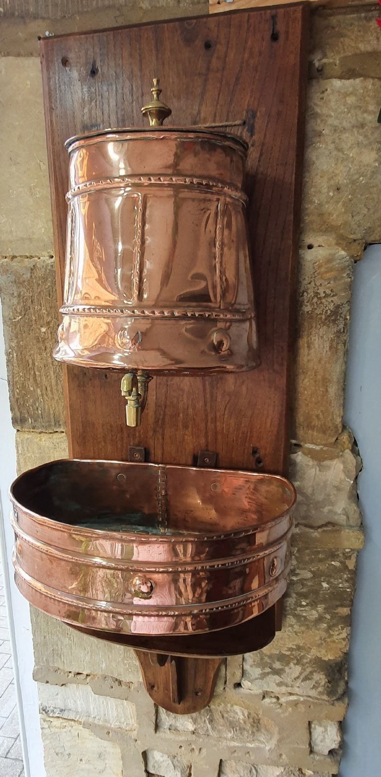 19th Century French Lavabo / Water Fountain Copper With Brass, Mounted On Wood photo Home Decor