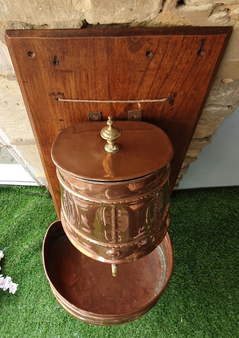 19th Century French Lavabo / Water Fountain Copper With Brass, Mounted On Wood photo buy