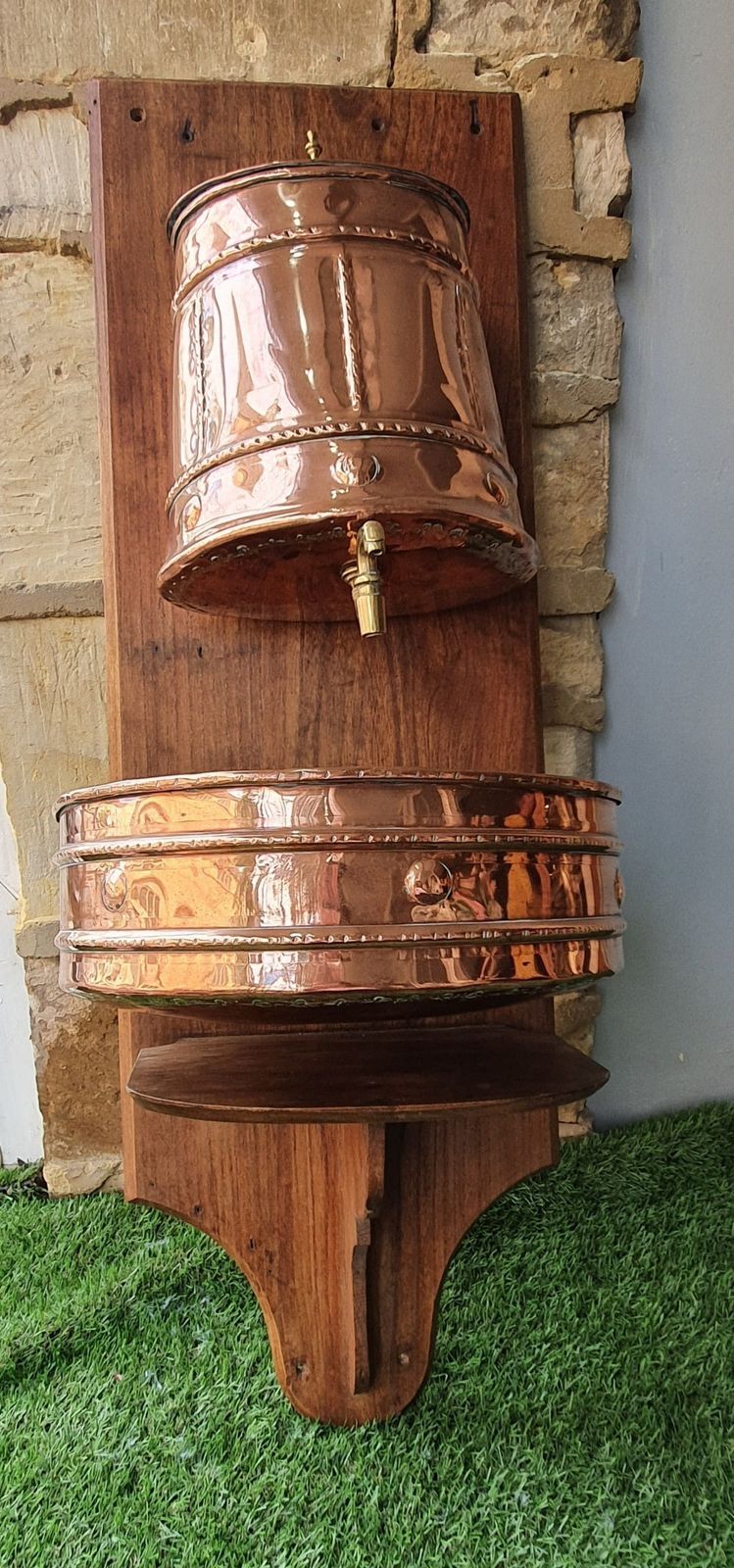 19th Century French Lavabo / Water Fountain Copper With Brass, Mounted On Wood photo vintage