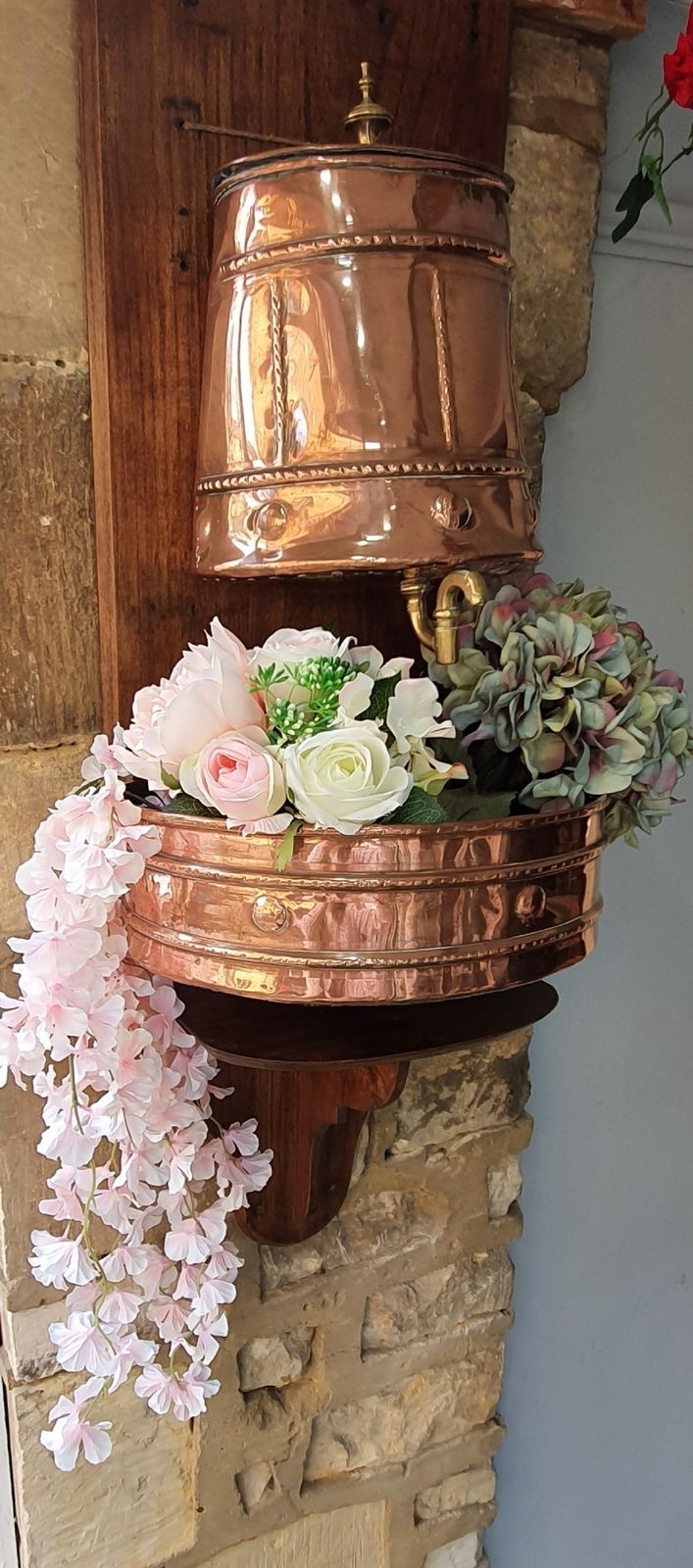 photo vintage 19th Century French Lavabo / Water Fountain Copper With Brass, Mounted On Wood