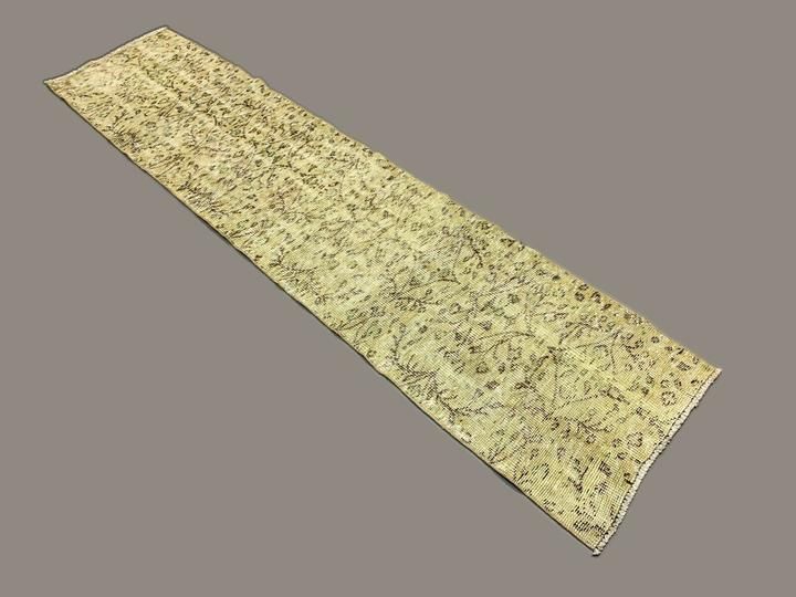 Distressed Turkish Narrow Runner 267x63 Cm Wool Vintage Rug, Overdyed Yellow photo for sale
