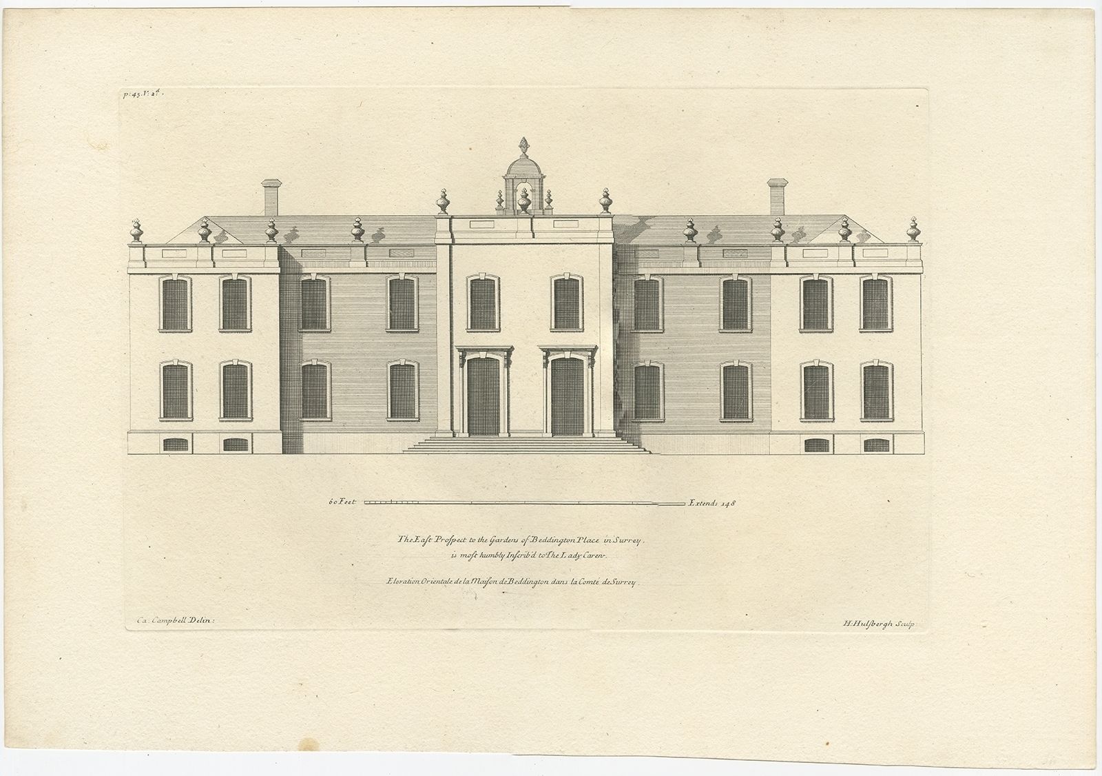Antique Print Of The East Front Of Beddington Place By Campbell (1717)
