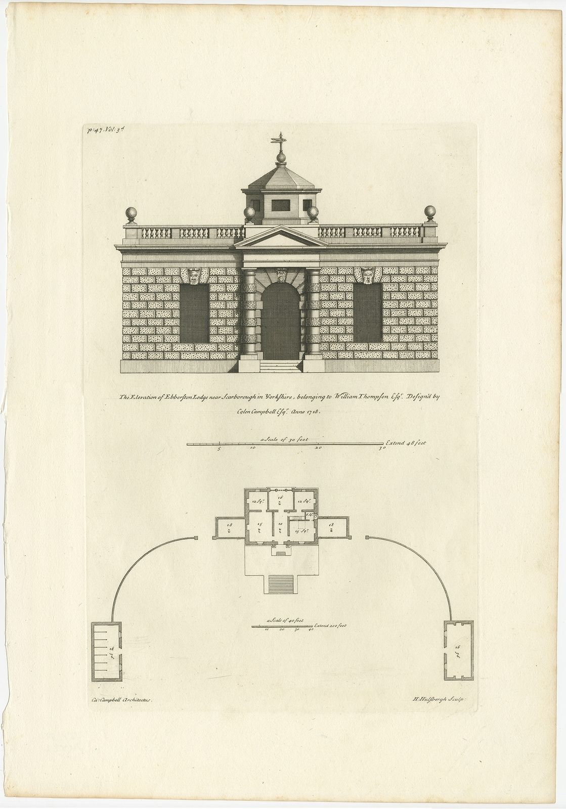 Antique Print Of Designs For Ebberston Lodge By Campbell (1725)