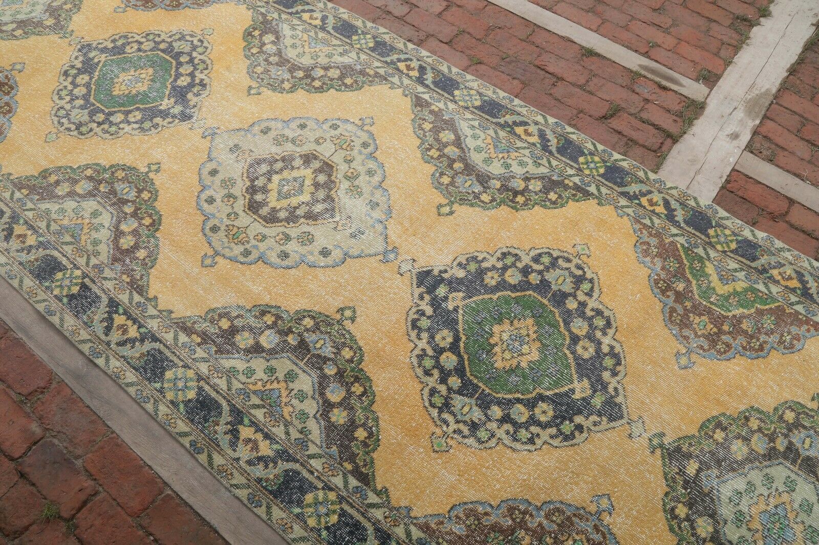 140x382 Cm Yellow Vintage Hallway Runner Carpet Turkey Oushak Wool Handwoven Floral Rug 4'6x12'5 Ft