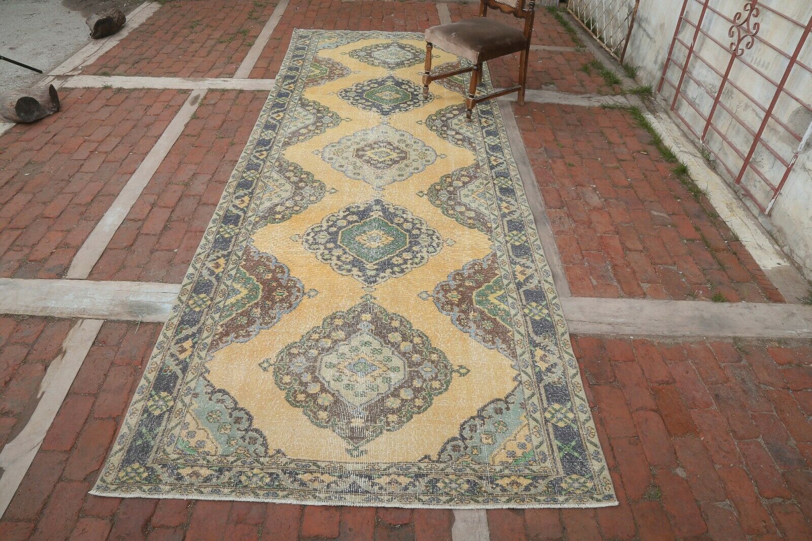 140x382 Cm Yellow Vintage Hallway Runner Carpet Turkey Oushak Wool Handwoven Floral Rug 4'6x12'5 Ft photo furniture