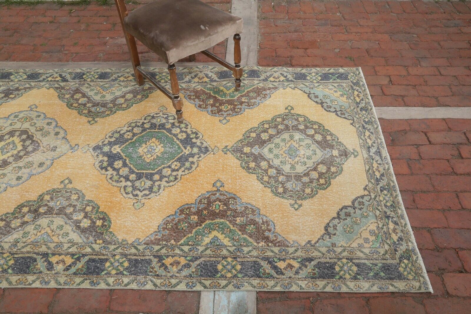 140x382 Cm Yellow Vintage Hallway Runner Carpet Turkey Oushak Wool Handwoven Floral Rug 4'6x12'5 Ft photo Textiles
