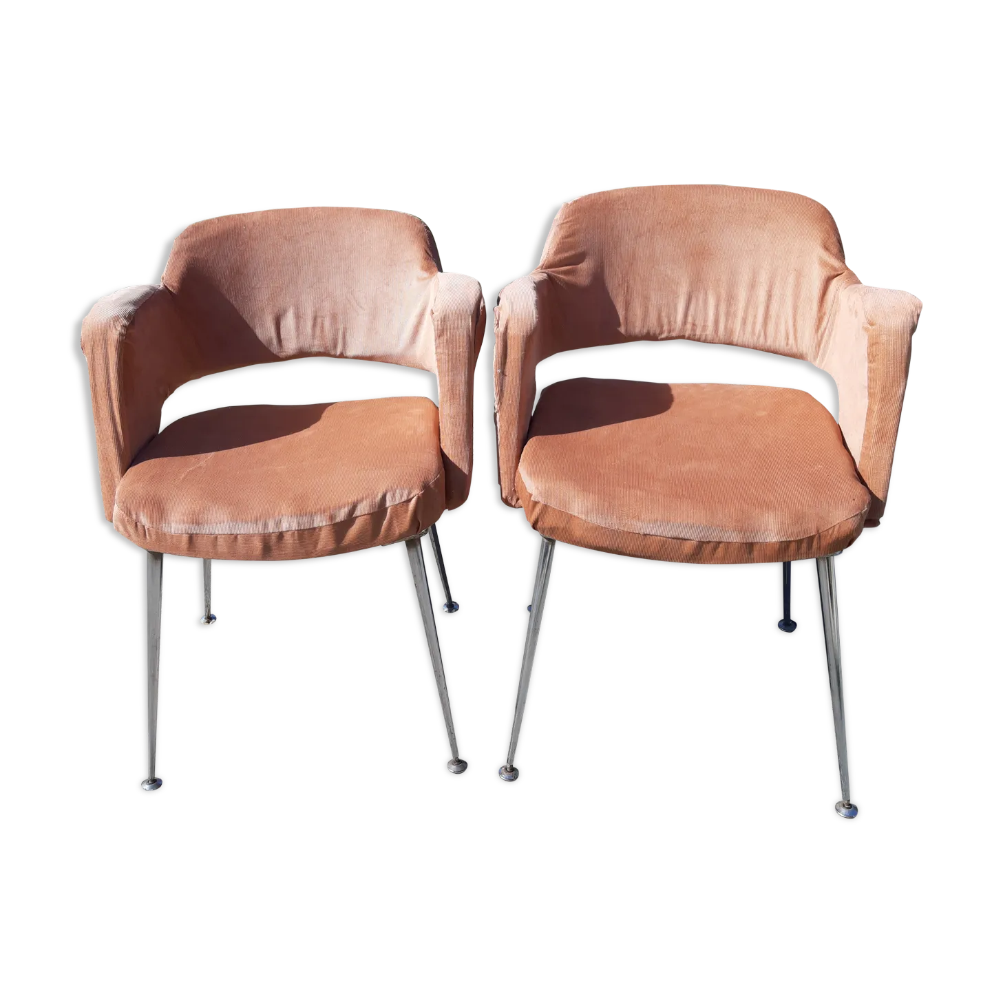 Pair Of Vintage Armchairs Of The 1970s Chrome And Salmon Fabrics