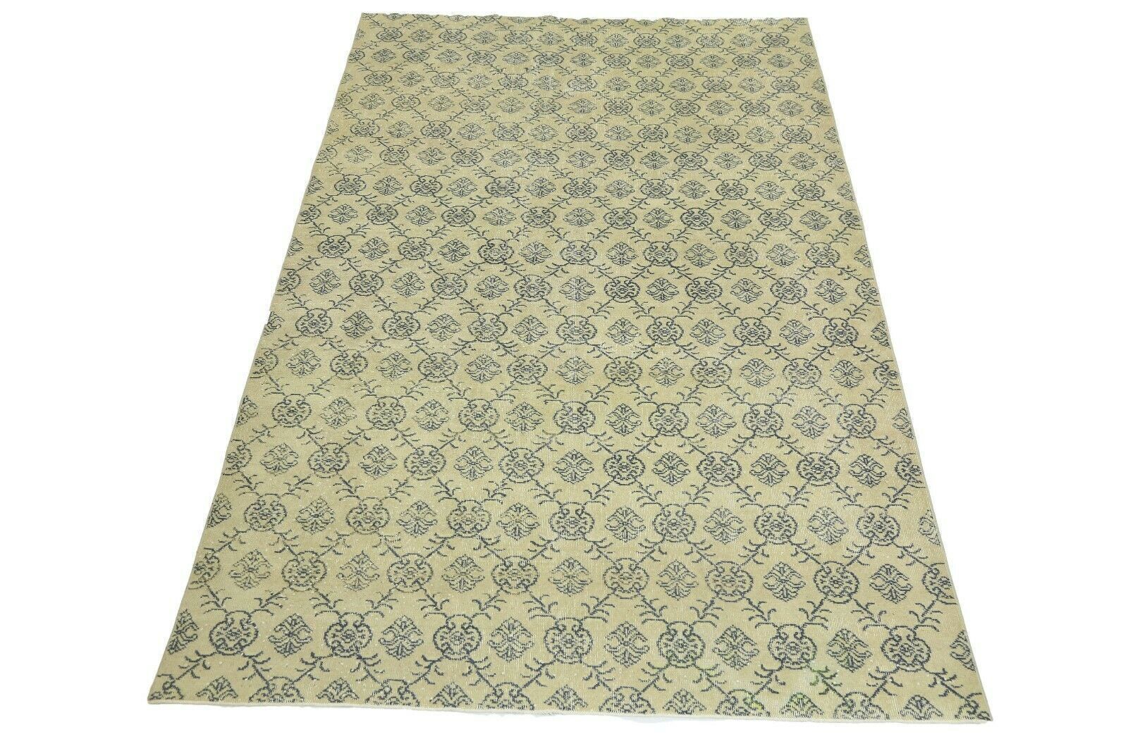 200x315 Cm Rare Handmade Turkish Area Rug Art Deco Distressed Wool Carpet Beige 6'6x10'4 Ft