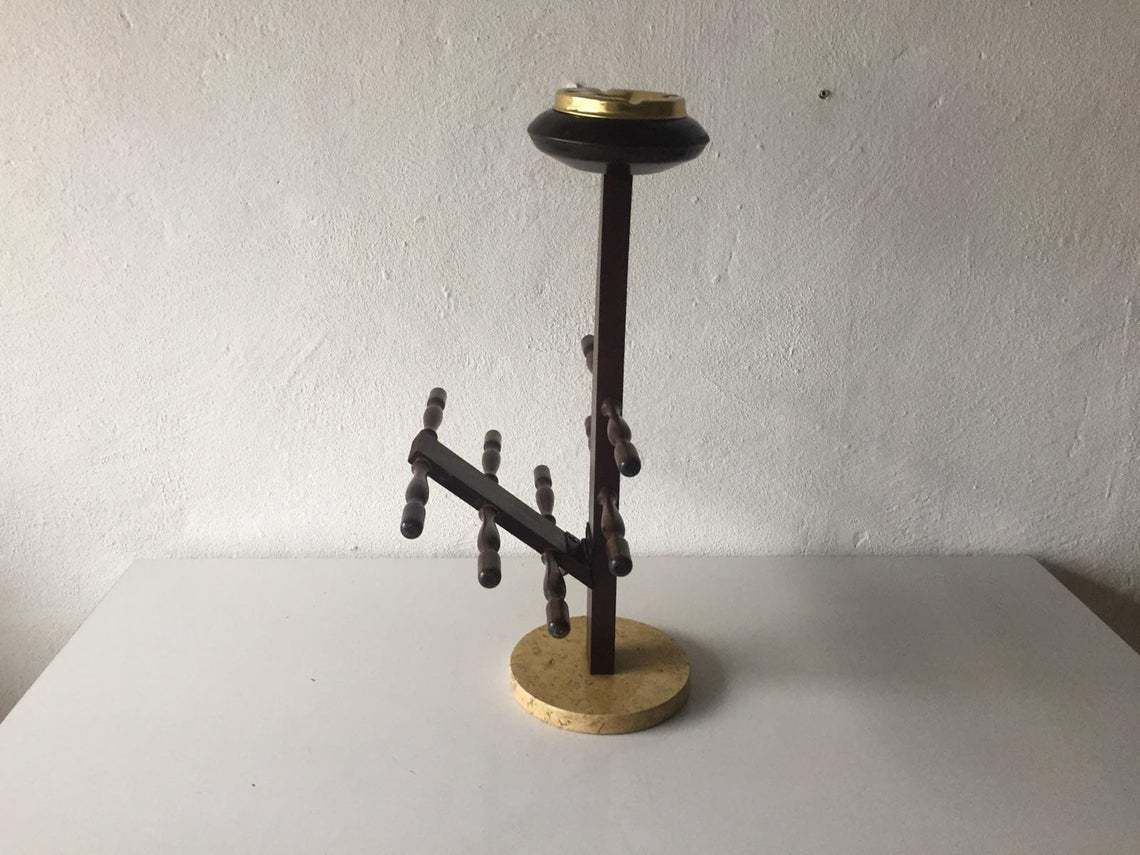 Mid Century Italian Wood Folding Magazine Rack With Ashtray   Natural Stone Base   1950s Italy photo for sale