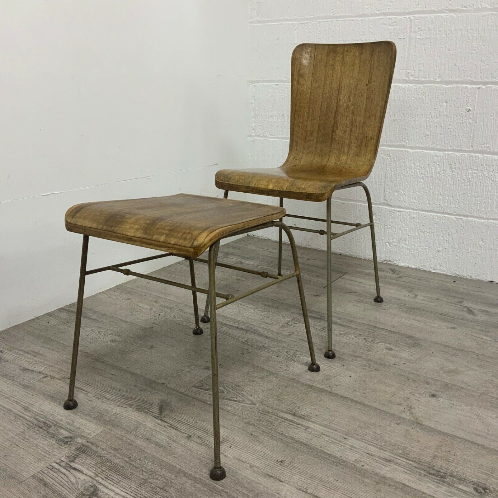 Furniture A Mid Century Morris Of Glasgow Toby Metal Frame & Plywood Chair & Footstool photo