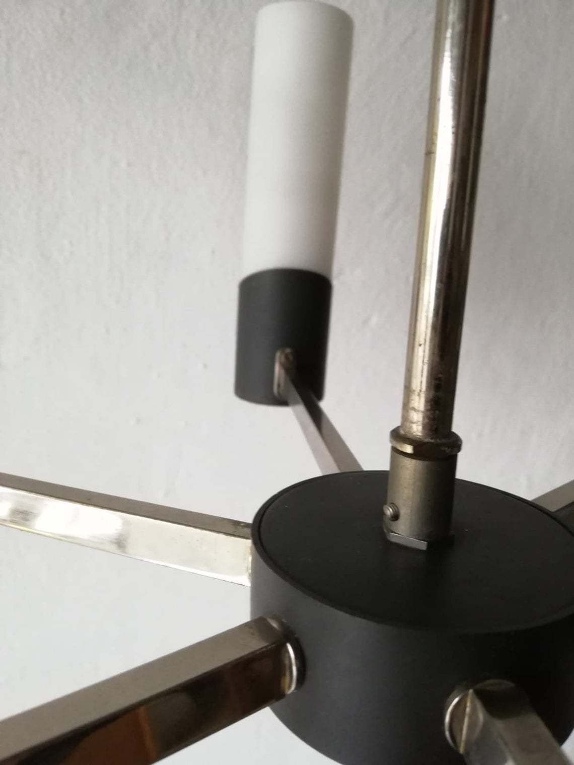 Mid Century Modern Italian Chandelier   6 Armed Minimalist Opal Glass Tube Lampshades With Grey Metal Body   60s Italy photo for sale