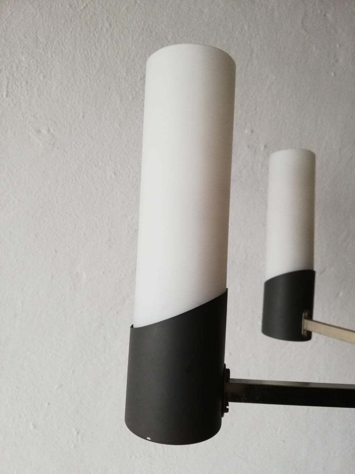 Mid Century Modern Italian Chandelier   6 Armed Minimalist Opal Glass Tube Lampshades With Grey Metal Body   60s Italy photo vinterior