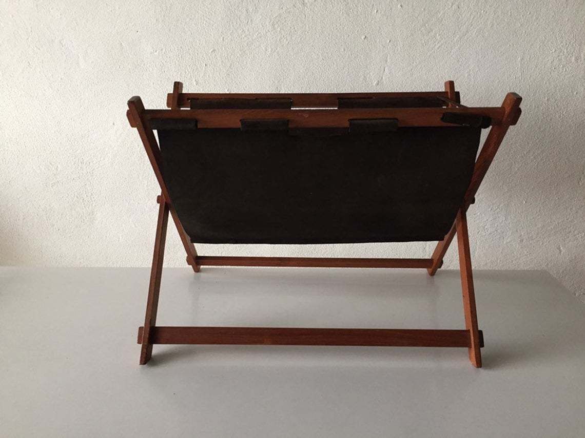 Mid Century Modern Danish Teak And Suede Leather Magazin Newspaper Holder photo furniture