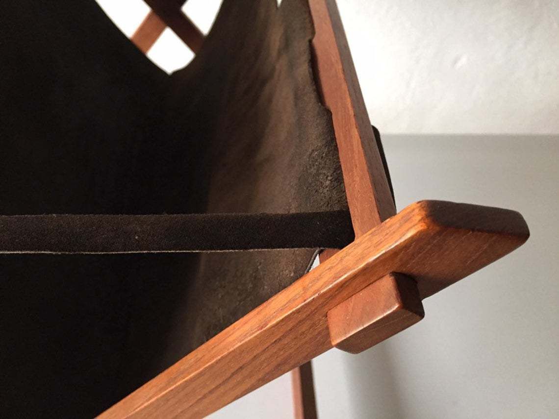 Mid Century Modern Danish Teak And Suede Leather Magazin Newspaper Holder photo vinterior