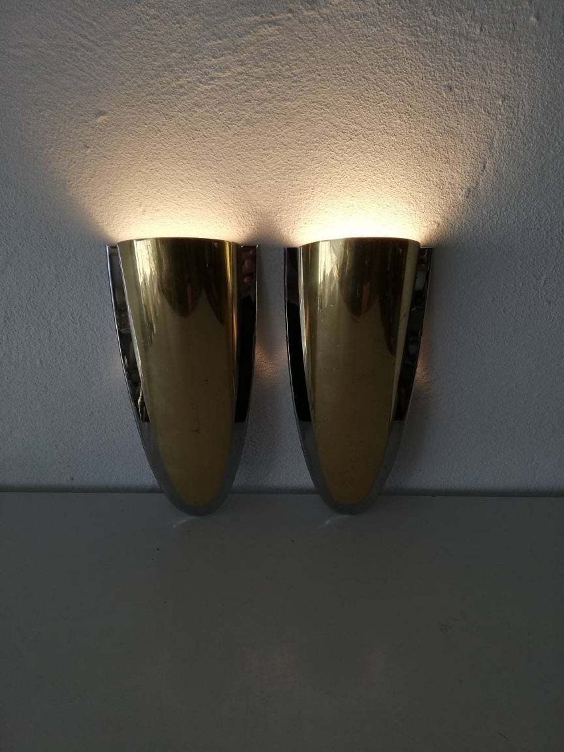 Exclusive Very Rare Brass & Chrome Wall Lamps   Heavy Sconces   Hollywood Regency   Mid Century Modern   By Art Line Wohndecor, Köln   1960s photo furniture