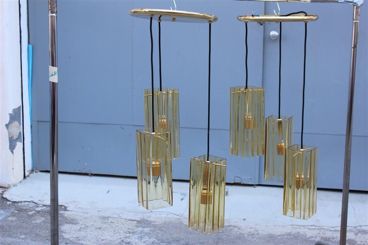 Lighting Round Pair Of Chandelier Brass Murano Gold Glass Yellow Mazzega Design 1970s photo