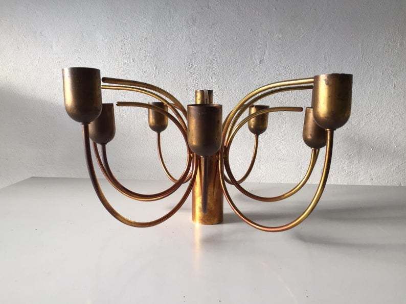 Cosack Rare 10 Arc Shaped Arms Full Brass Chandelier   Beautiful Old Brass Patina   1970s Germany photo 668.36