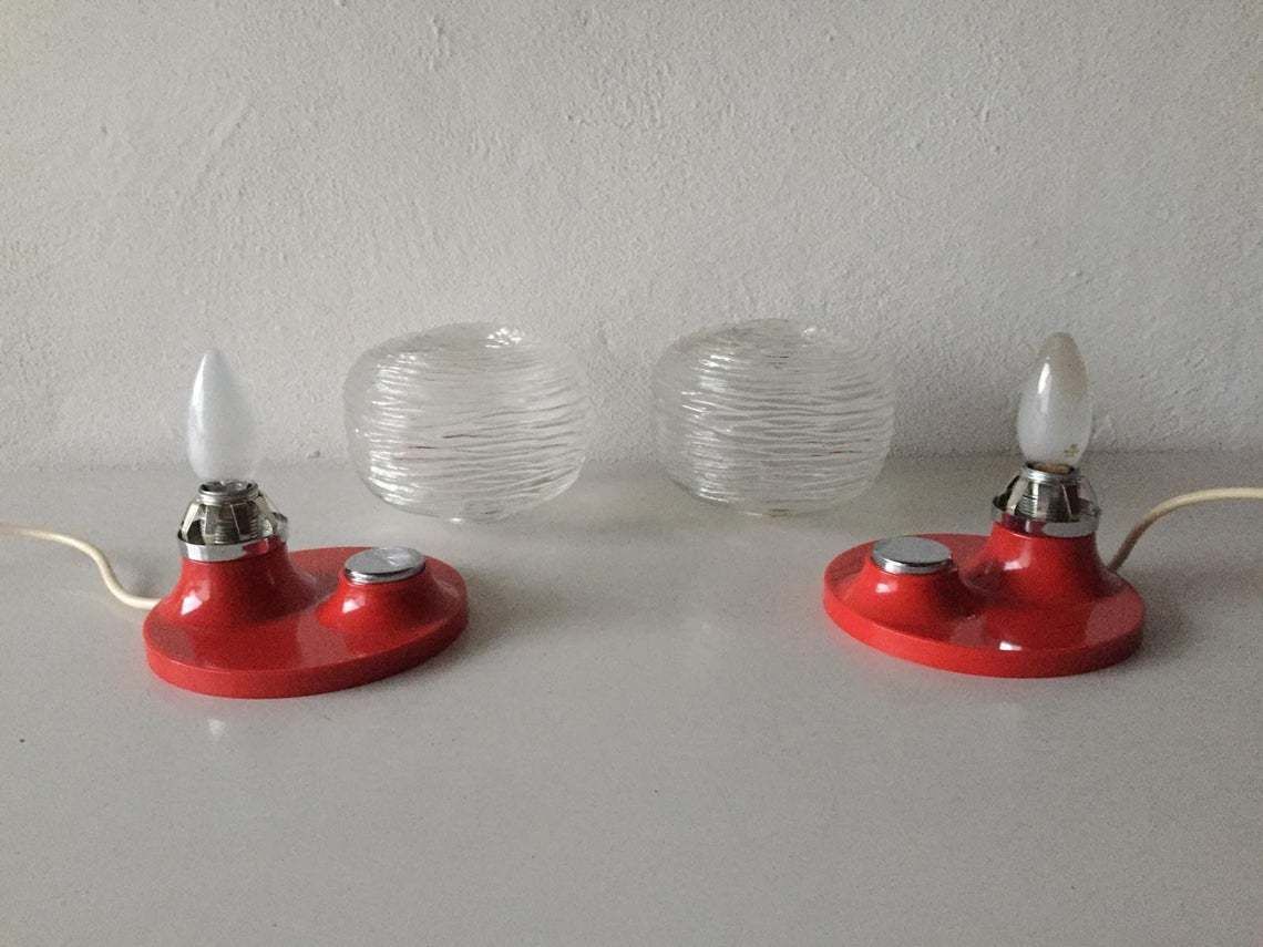 Hillebrand Pair Of Rare Rose Designed Glass Bedside Lamps   Beautiful Red Body & Big Chrome Buttons   1970s Germany photo for sale