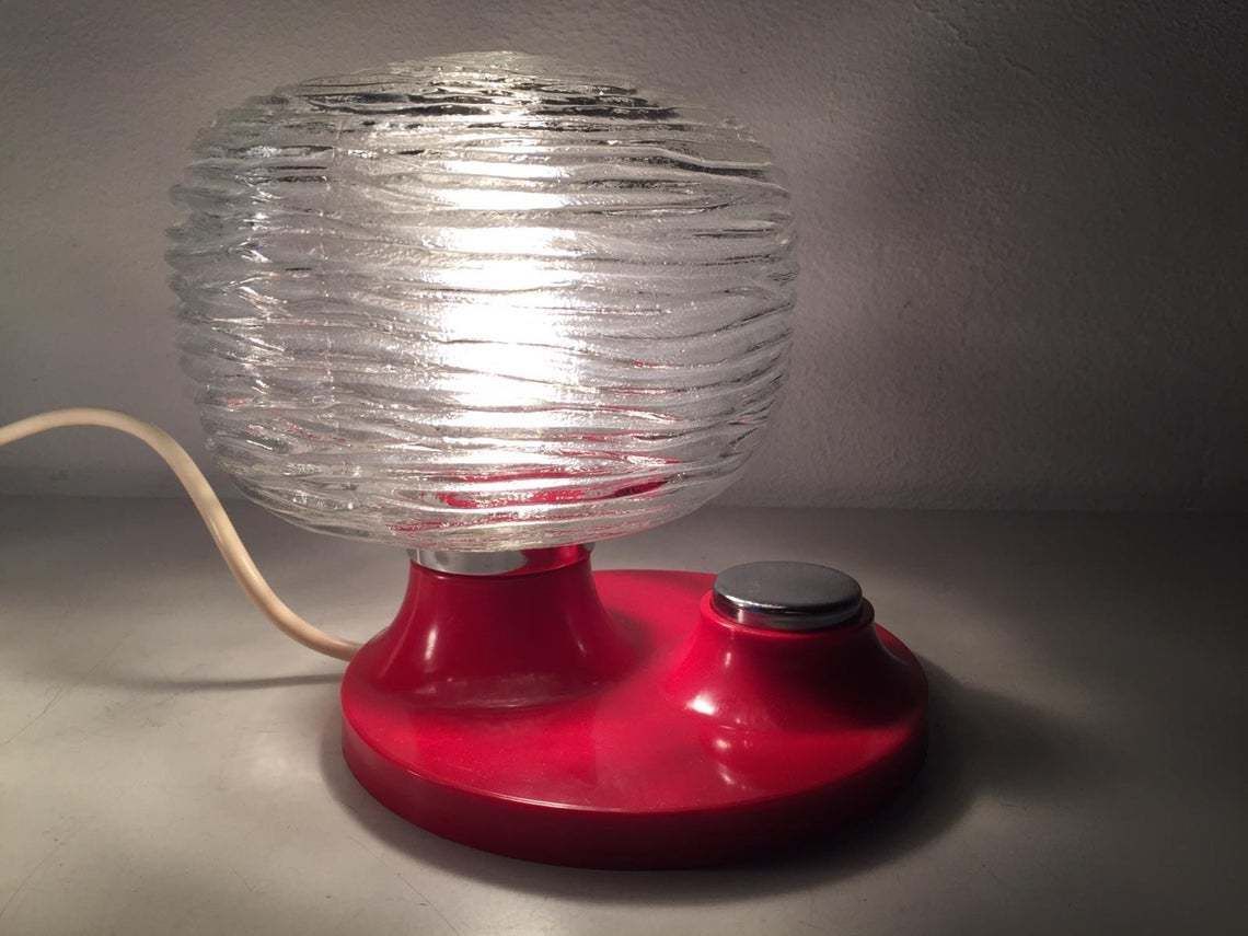 Hillebrand Pair Of Rare Rose Designed Glass Bedside Lamps   Beautiful Red Body & Big Chrome Buttons   1970s Germany photo 279.0