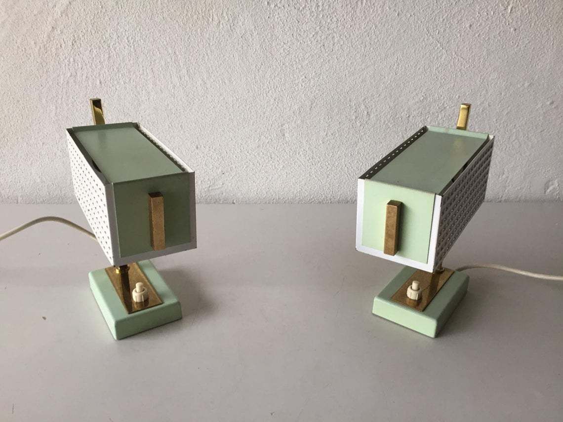 Green & White Perforated Metal Pair Of Table Lamps By Mathieu Matégot   1950s France photo for sale
