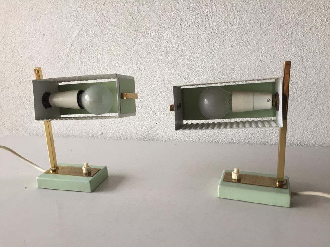 Green & White Perforated Metal Pair Of Table Lamps By Mathieu Matégot   1950s France photo buy