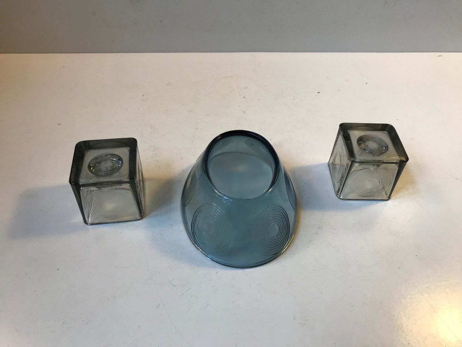 Cubist Candleholders And Bowl Set By Per Lütken For Holmegaard, 1970s, Set Of 3 photo for sale