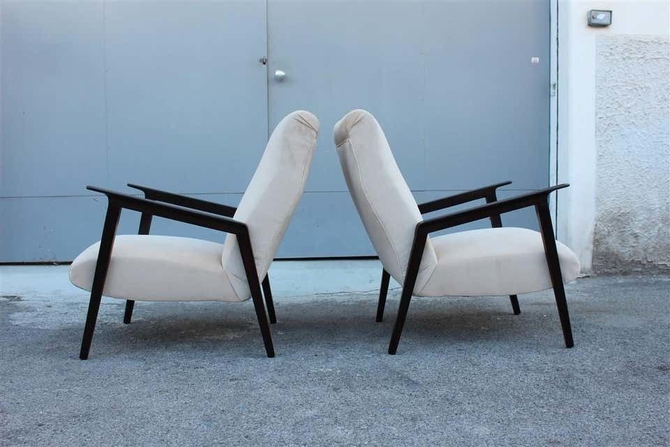 Pair Of 1950s Italian Design Armchairs In Walnut And Midcentury Beige Velvet photo for sale
